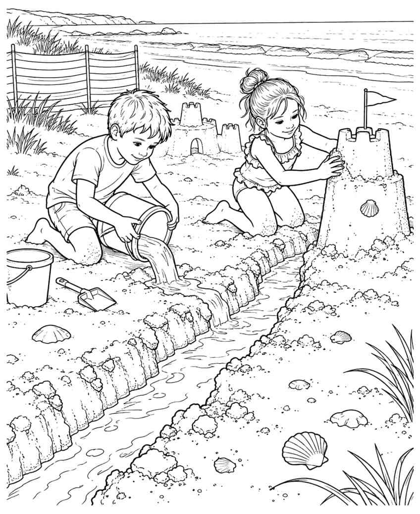Coloring page of a boy pouring water into a sand trench as a girl shapes a sandcastle