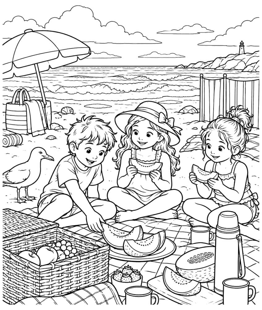 Coloring page of three children eating watermelon at a beach picnic with a basket and seagull