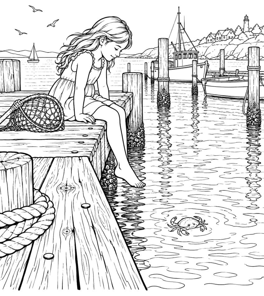 Coloring page of a girl on a wooden dock watching a crab, with boats and a lighthouse
