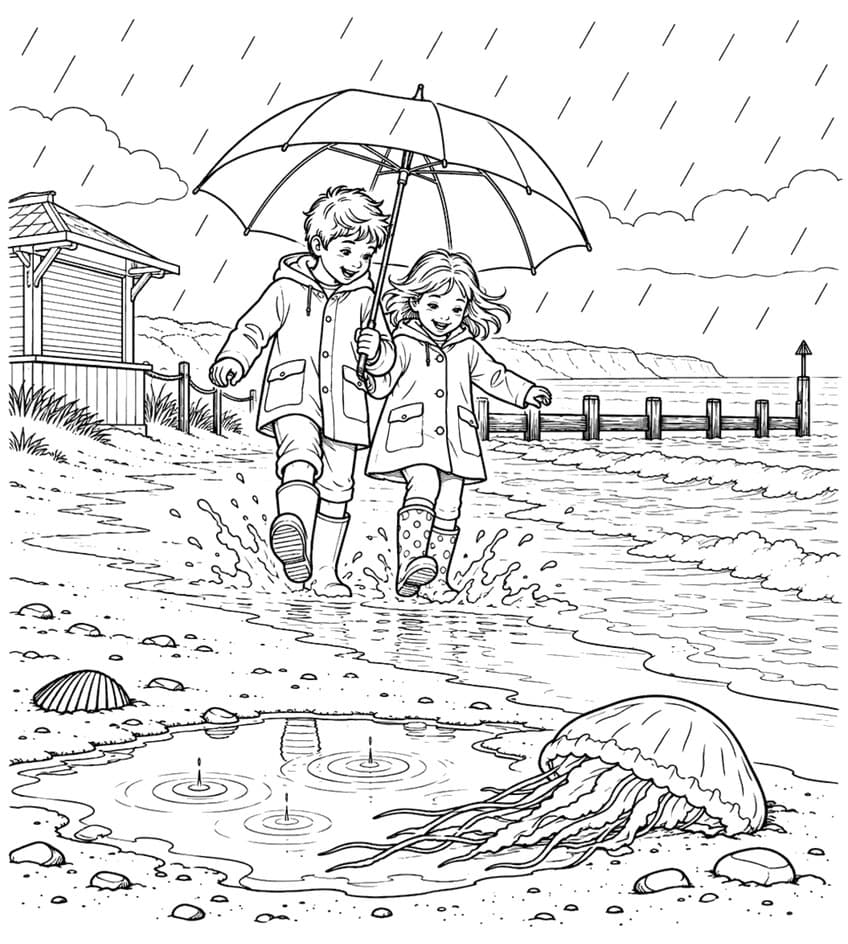 Coloring page of two children with an umbrella splashing on a rainy beach near a jellyfish