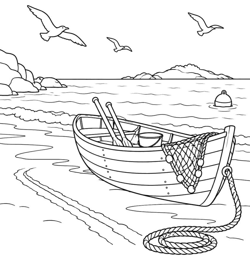 Coloring page of a wooden rowboat with oars, fishing net and coiled rope on the beach