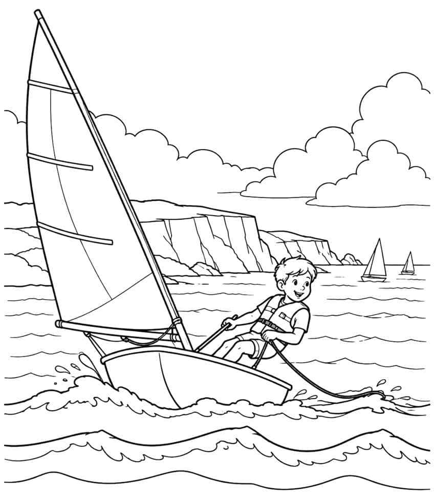 Coloring page of a boy in a life jacket sailing a dinghy near cliffs with sailboats behind