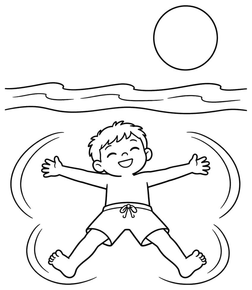 Coloring page of a smiling boy making a sand angel on the beach below the sea and sun