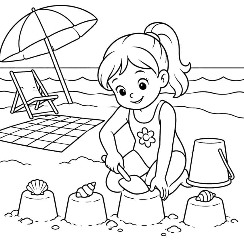 Coloring page of a girl with a shovel making sand cakes with shells, a bucket and a beach umbrella