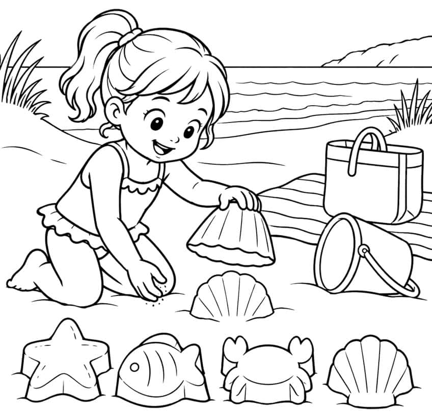 Coloring page of a girl making star, fish, crab and shell sand shapes with molds on the beach