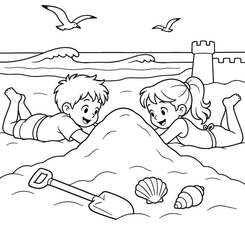 Coloring page of a boy and girl digging a tunnel through a sand mound on the beach