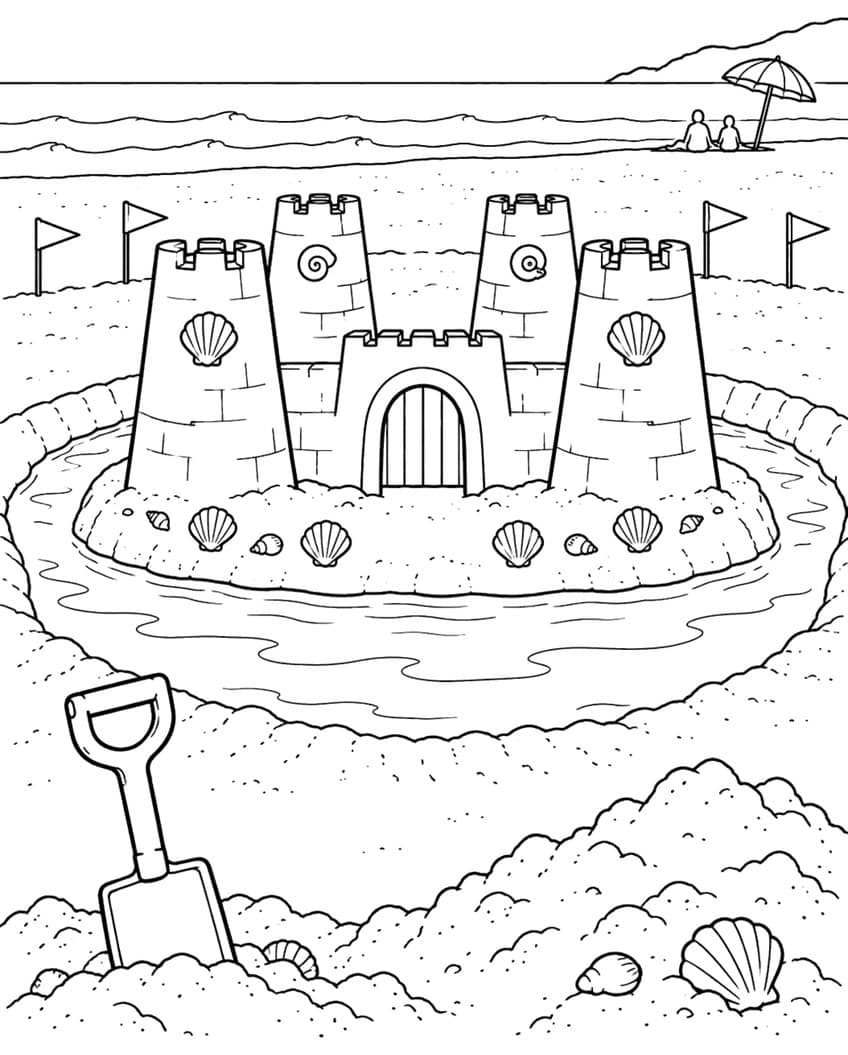 Coloring page of a sandcastle with four towers and a moat, a spade and shells in front, the sea behind
