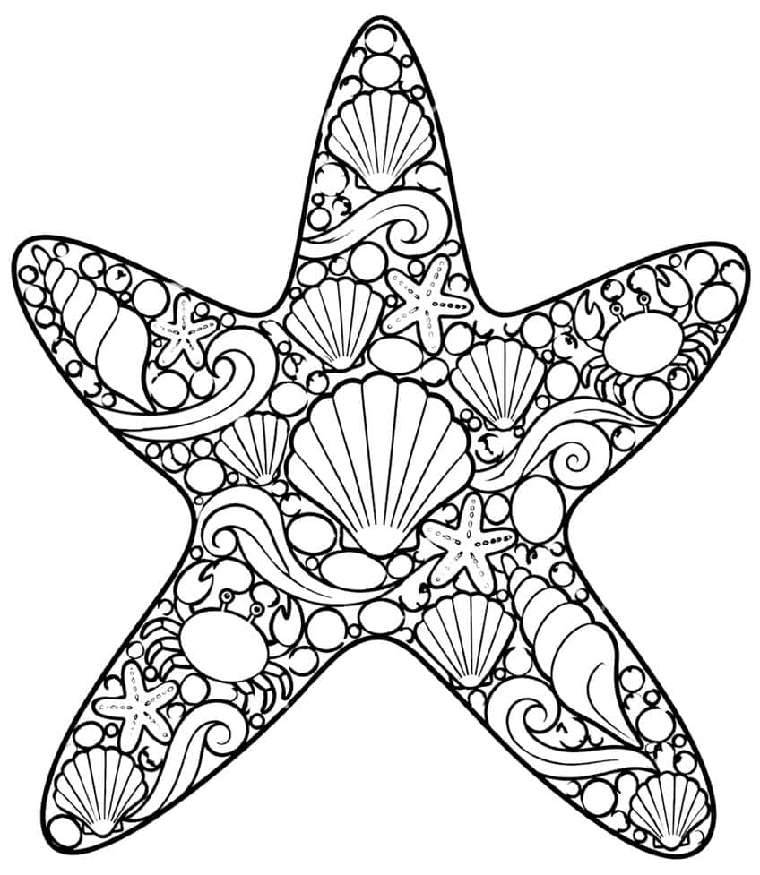 Coloring page of a large sea star filled with seashells, crabs, small starfish, waves and bubbles