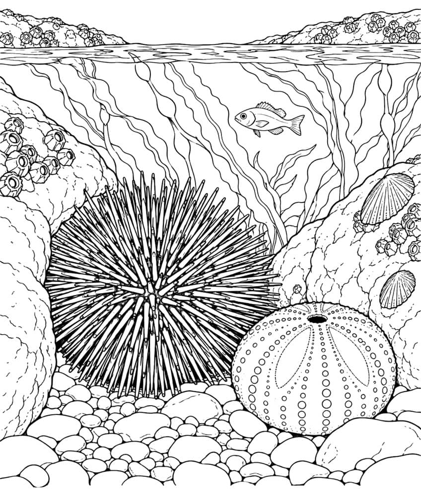 Tide pool coloring page with a spiny sea urchin, a dotted urchin shell, kelp, a fish, and pebbles