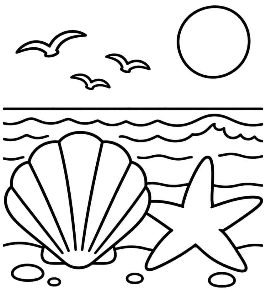 Coloring page of a scallop shell and a sea star on the shore, with seagulls, sun and waves