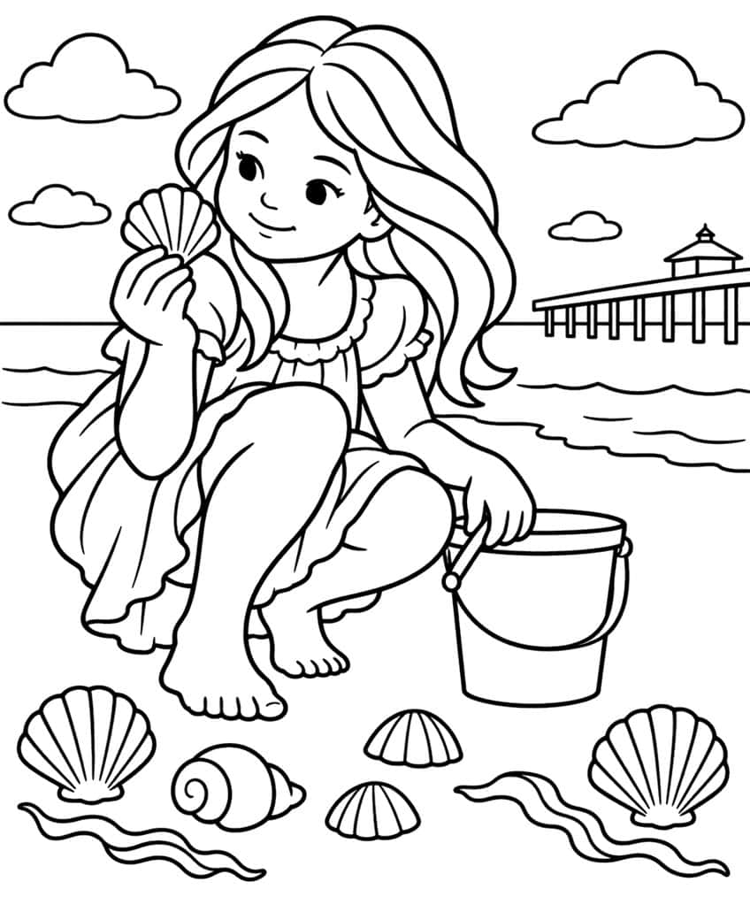Coloring page of a girl holding a seashell on the beach, with a bucket, shells and a pier