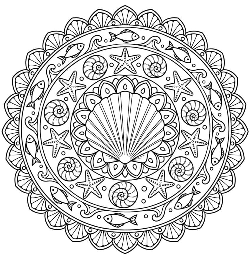 Round beach mandala coloring page with a scallop shell, spiral shells, sea stars and fish