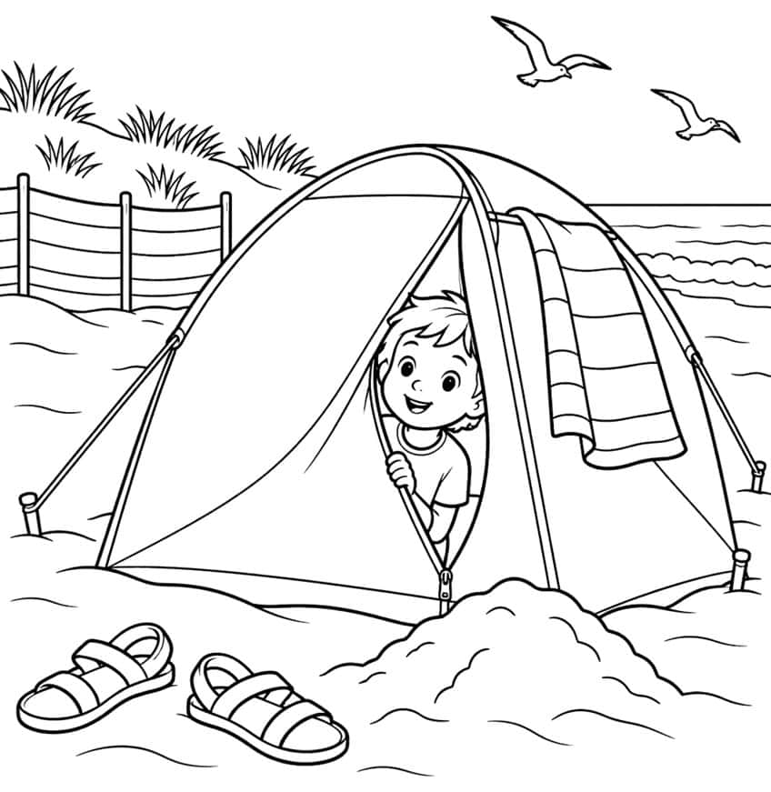 Coloring page of a boy peeking out of a beach tent, with sandals, a dune fence and seagulls