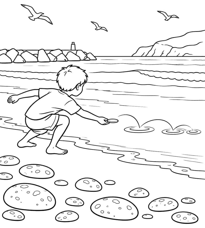 Coloring page of a boy skipping a stone on the sea, with pebbles, lighthouse and seagulls