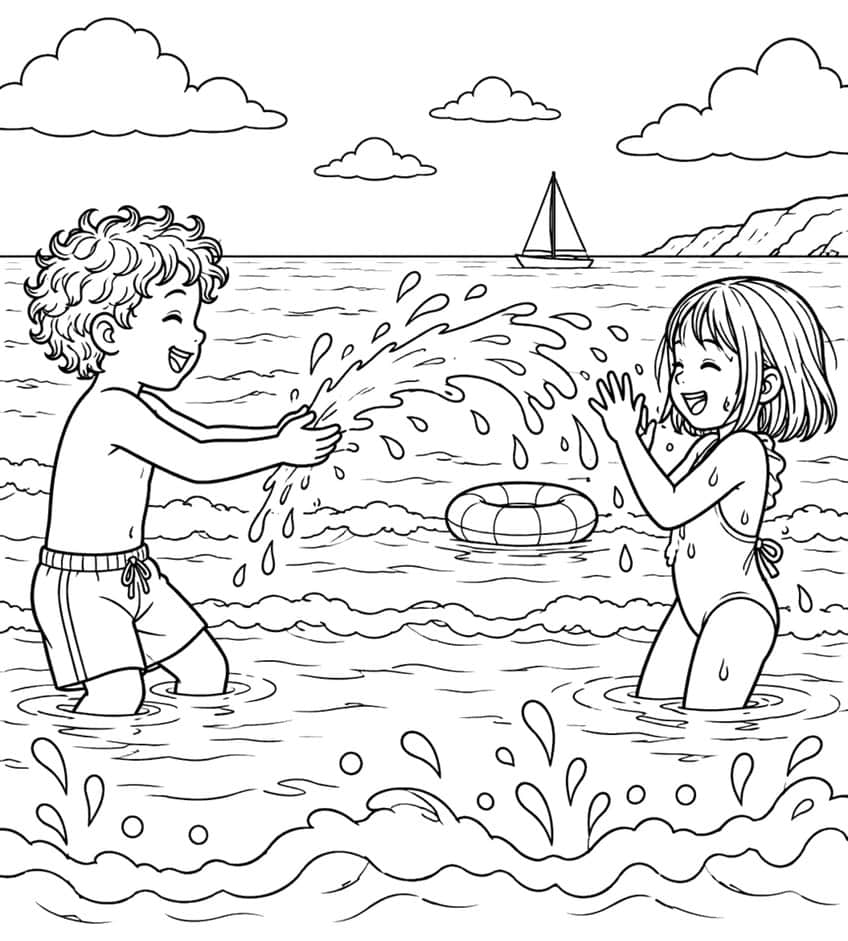 Coloring page of a boy and girl splashing water at each other in the sea, with a swim ring and sailboat