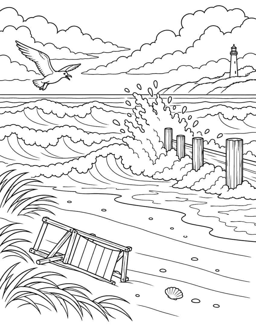 Coloring page of a stormy beach with crashing waves, a toppled deck chair, a seagull and a lighthouse