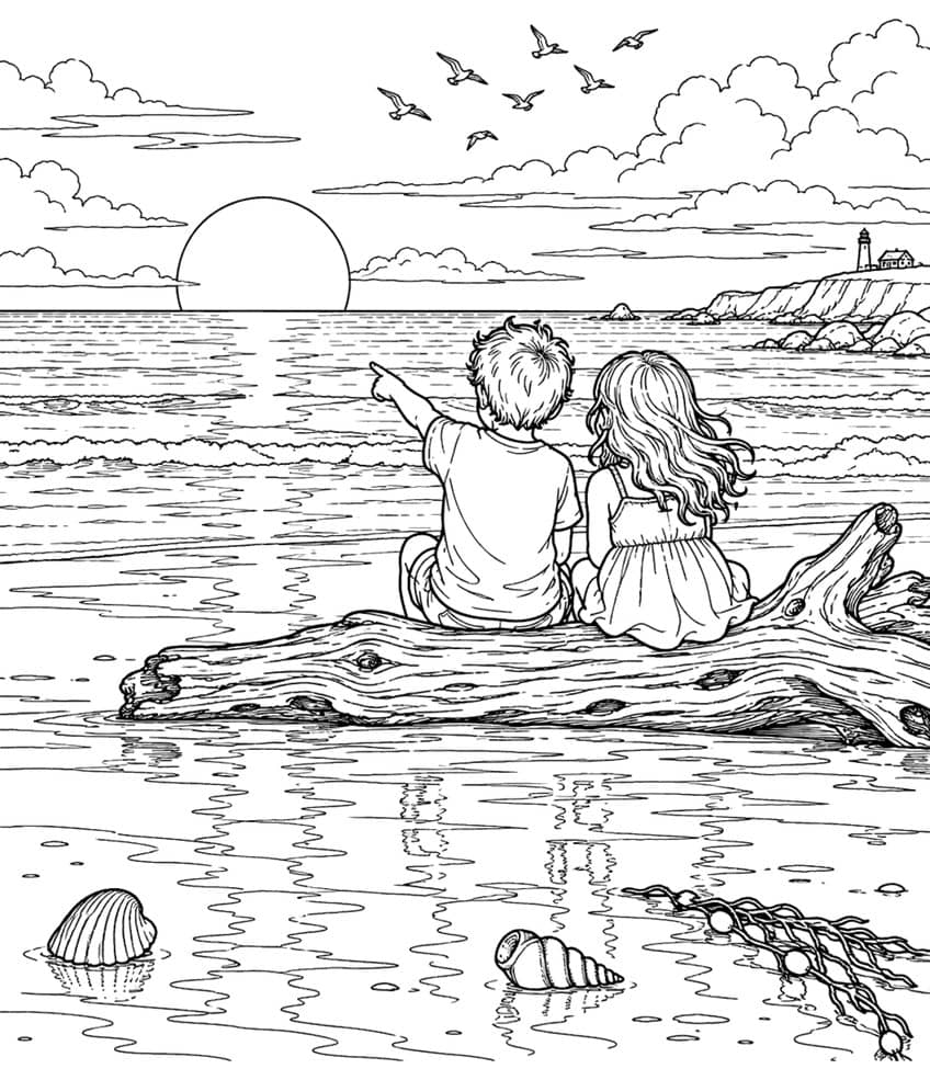 Coloring page of two children on a driftwood log watching the sunset by the sea