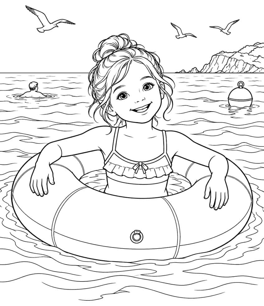 Coloring page of a smiling girl in a swim ring on the sea with seagulls, a buoy and cliffs