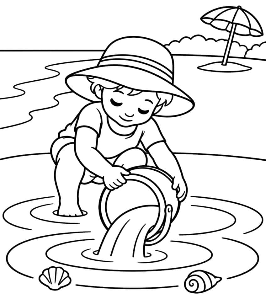Coloring page of a child in a sun hat pouring water from a bucket into a tide pool