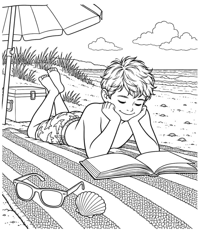 Coloring page of a boy reading on a striped beach towel under an umbrella by the sea