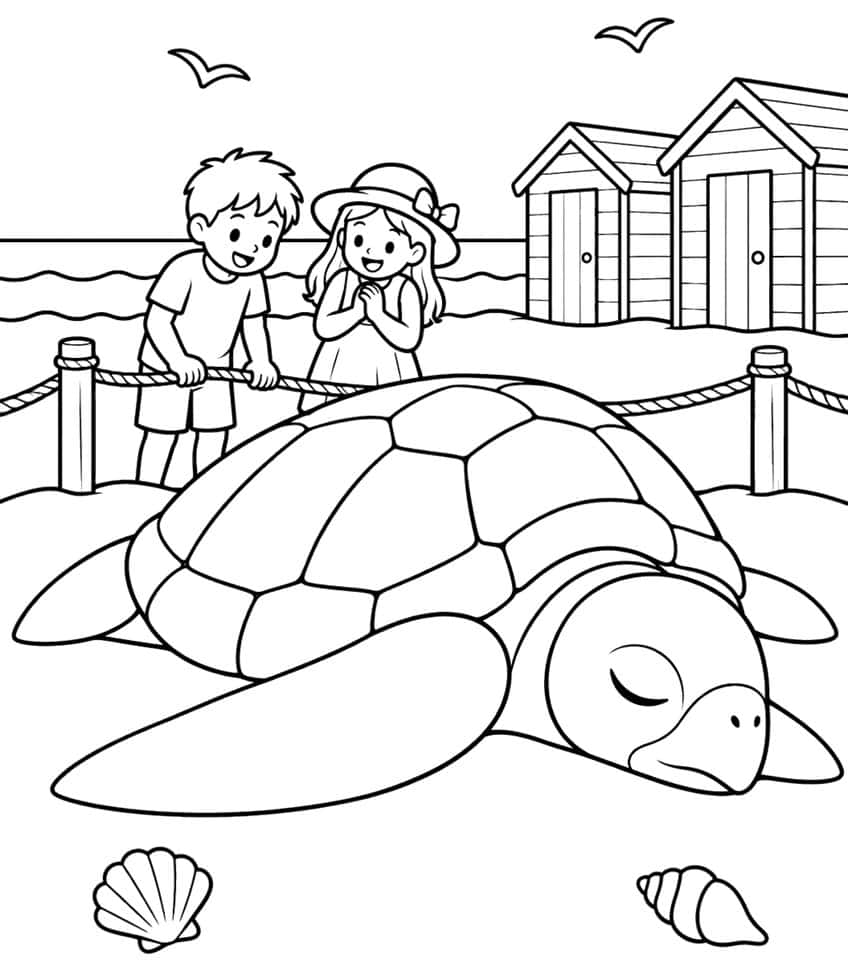 Coloring page of two kids looking at a giant sand turtle sculpture behind a rope on the beach