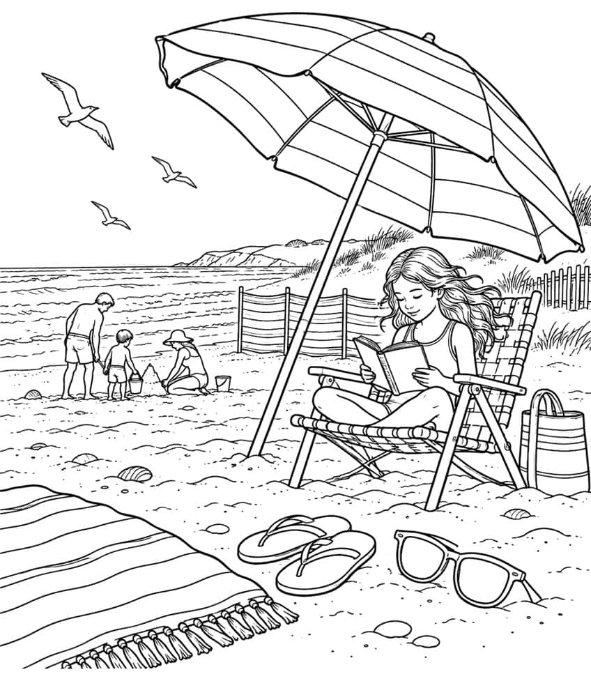 Coloring page of a girl reading in a beach chair under a striped umbrella, with a family by the sea
