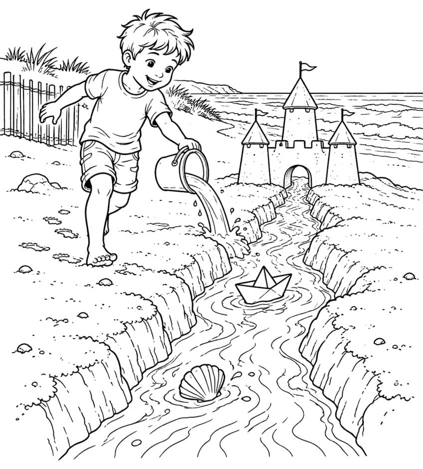 Coloring page of a boy pouring a bucket into a sand channel with a paper boat and a sandcastle
