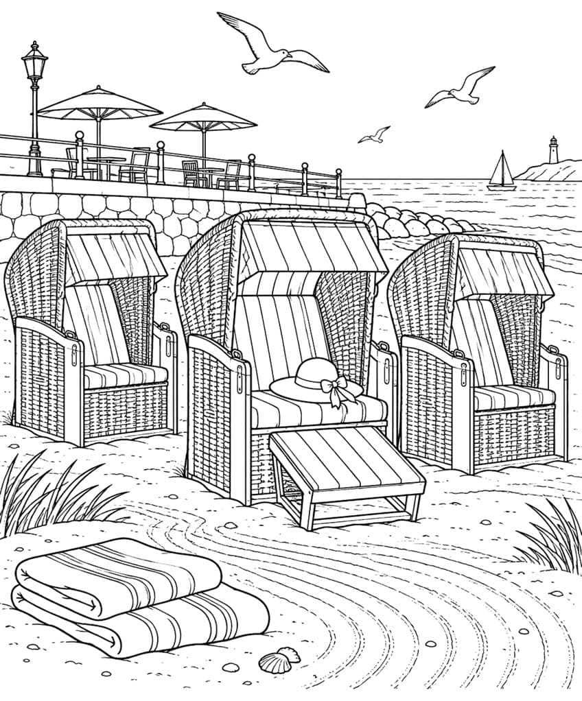 Coloring page of three wicker beach chairs in the sand, with a sun hat, towels, seagulls and a lighthouse