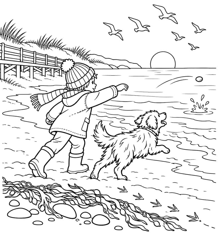 Coloring page of a child in winter clothes throwing a ball into the sea for a jumping dog