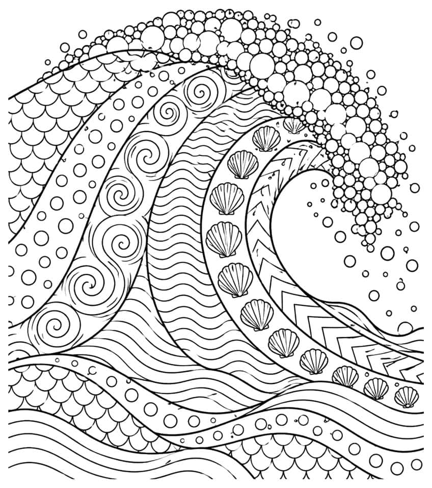Zentangle beach coloring page of a curling wave with shell, spiral, zigzag and bubble patterns