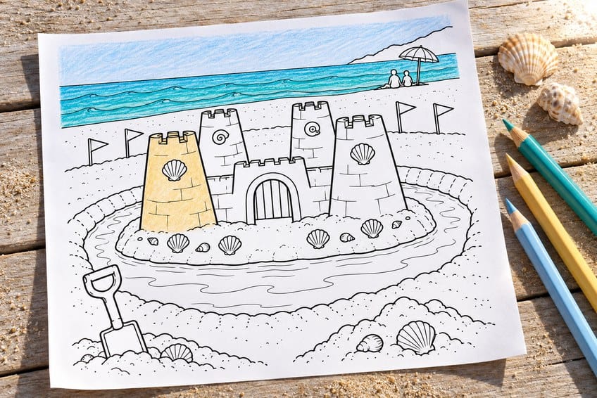 beach coloring page partly colored in with pencils