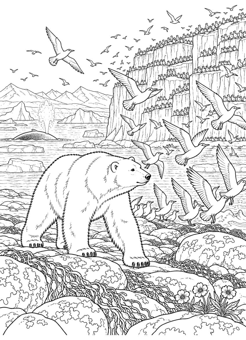 Polar bear walking on a rocky shore with seabirds, bird cliffs, icebergs and a whale