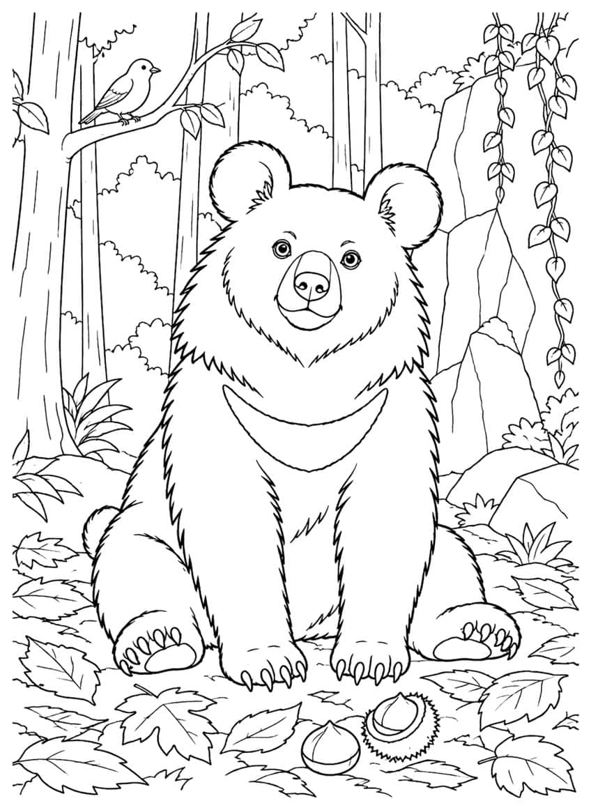 Coloring page of an Asian black bear sitting among leaves and chestnuts in a forest