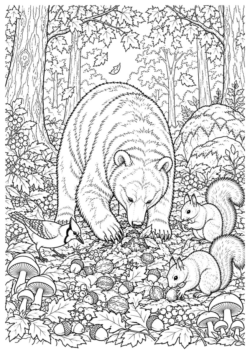 Bear coloring page with a bear, blue jay and two squirrels among acorns, mushrooms and autumn leaves