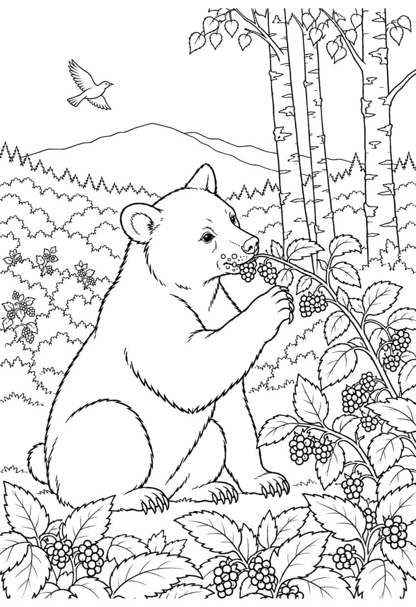 Coloring page of a bear eating blackberries from a bush near birch trees
