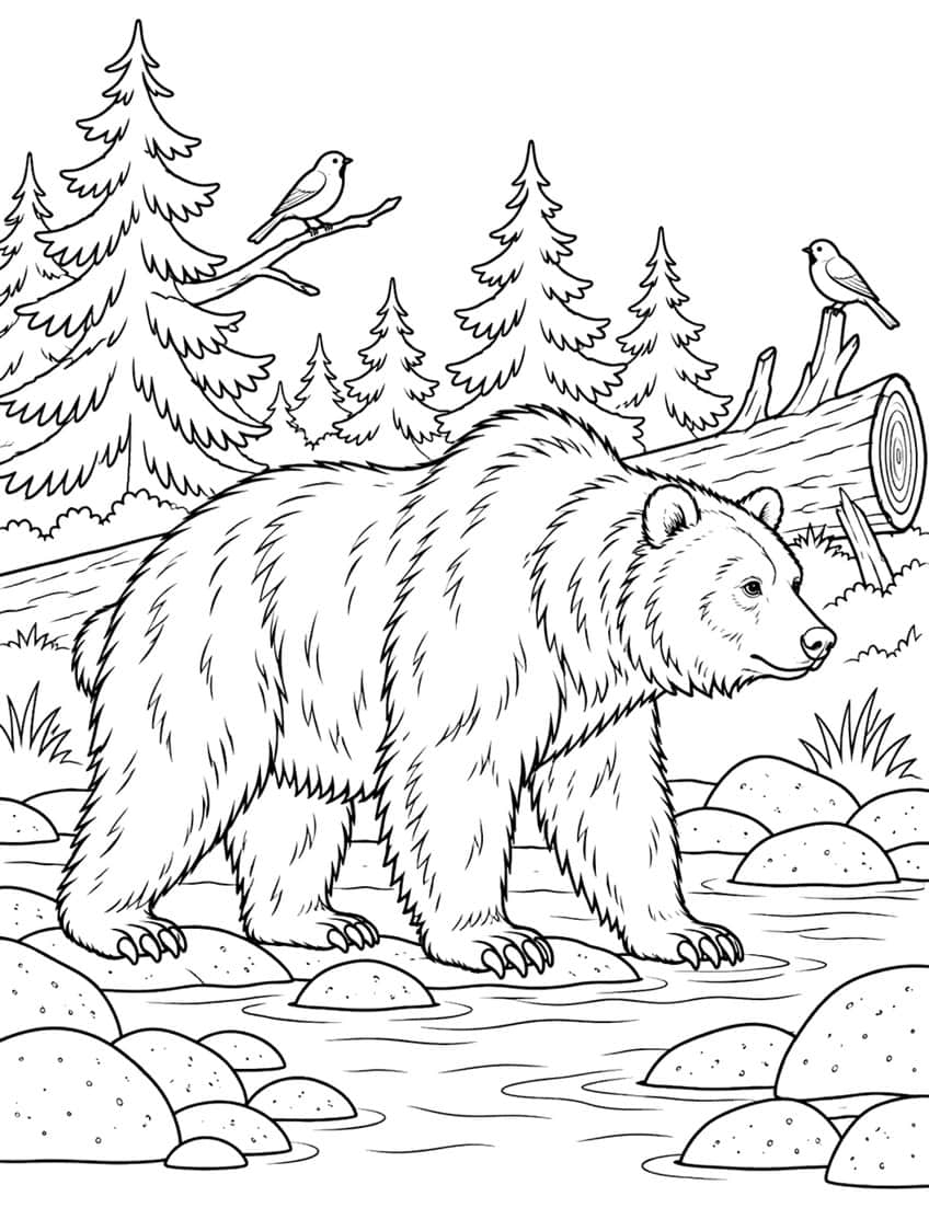 Coloring page of a brown bear walking across stream rocks with fir trees and two birds behind it
