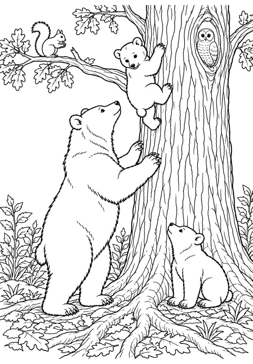 Coloring page of a mother bear and two cubs at an oak tree with an owl and a squirrel