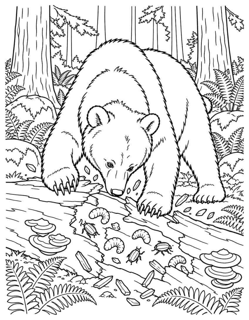 Bear coloring page of a bear tearing open a rotten log full of grubs, beetles and mushrooms