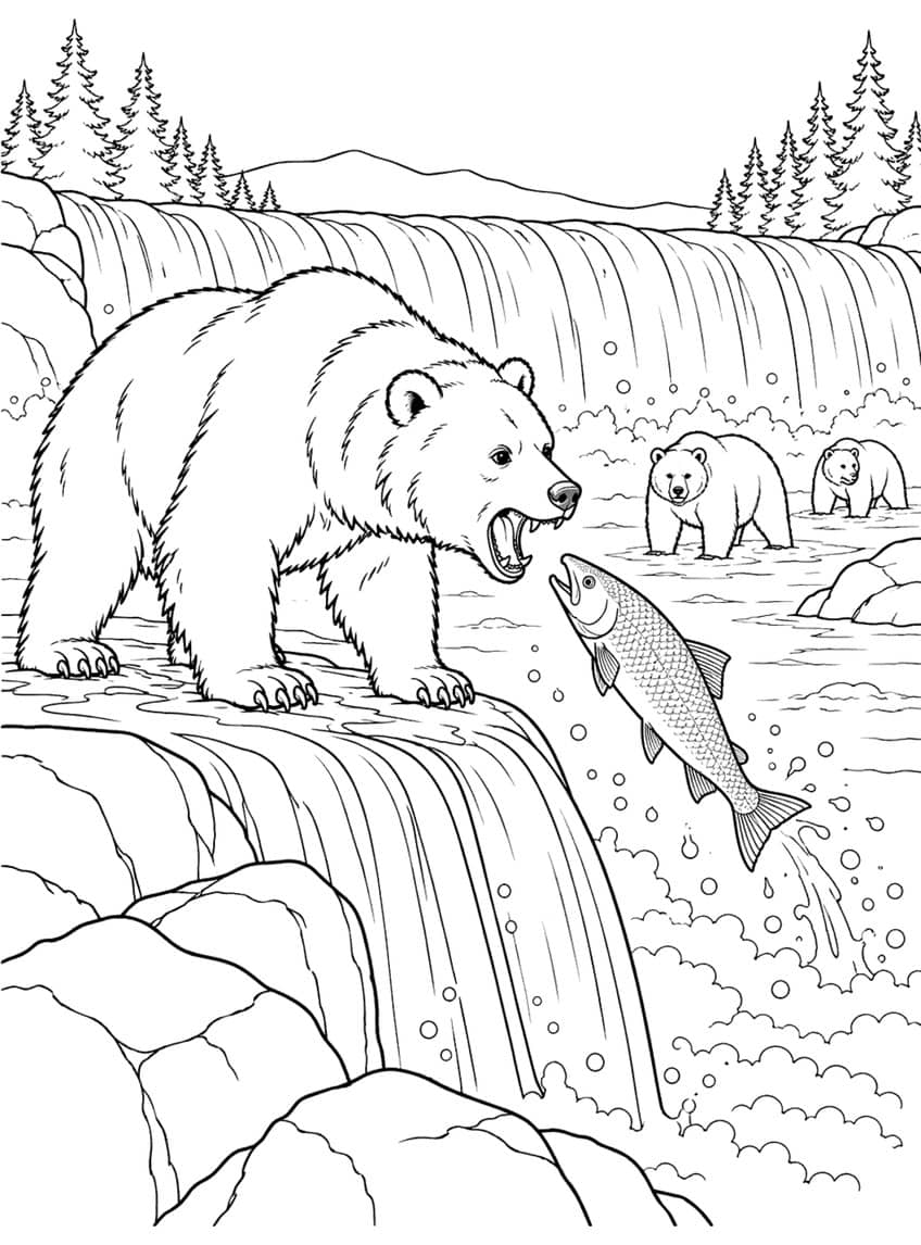 Coloring page of a grizzly bear catching a leaping salmon at a waterfall, two bears in the river