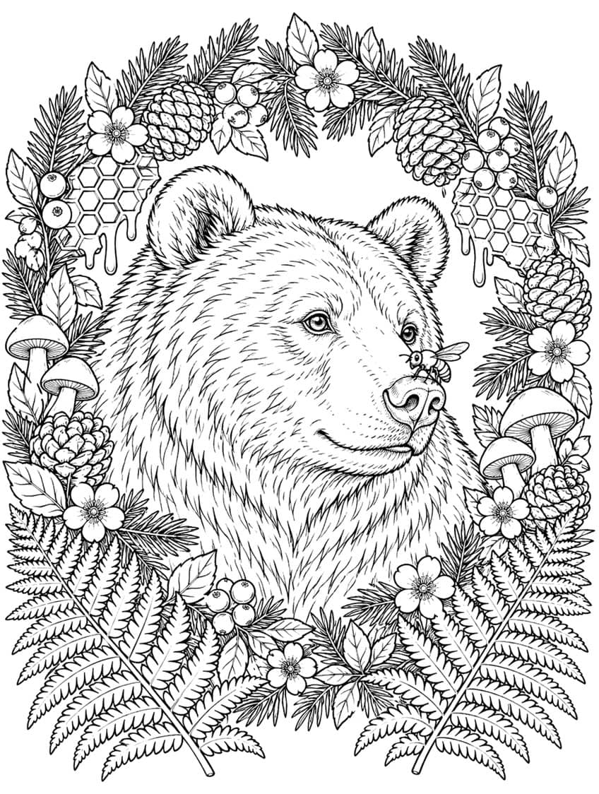 Coloring page of a bear portrait with a bee on its nose inside a frame of honeycomb, ferns and flowers