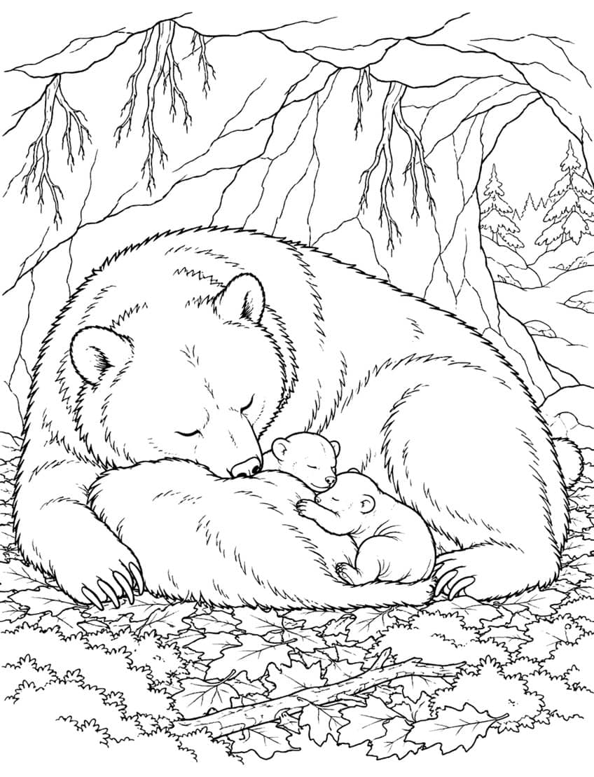 Coloring page of a mother bear sleeping in a cave with two cubs on a bed of leaves