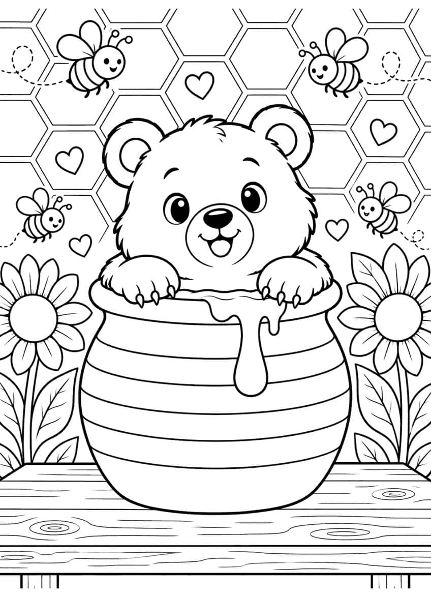 Coloring page of a bear cub in a honey pot with bees, sunflowers, and a honeycomb background