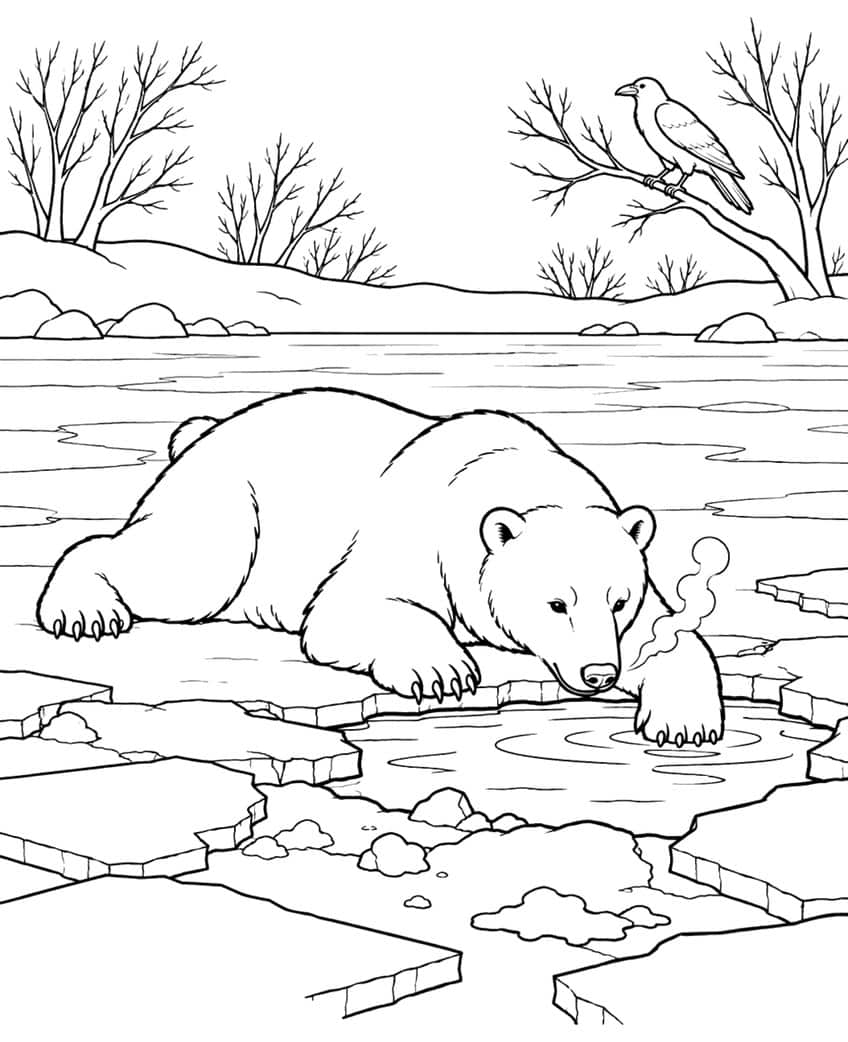Coloring page of a bear lying on cracked ice with its paw in a water hole, a raven perched in a tree