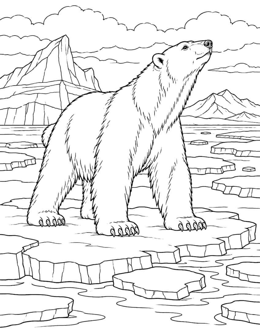 Coloring page of a polar bear on an ice floe sniffing the air, with an iceberg and mountains