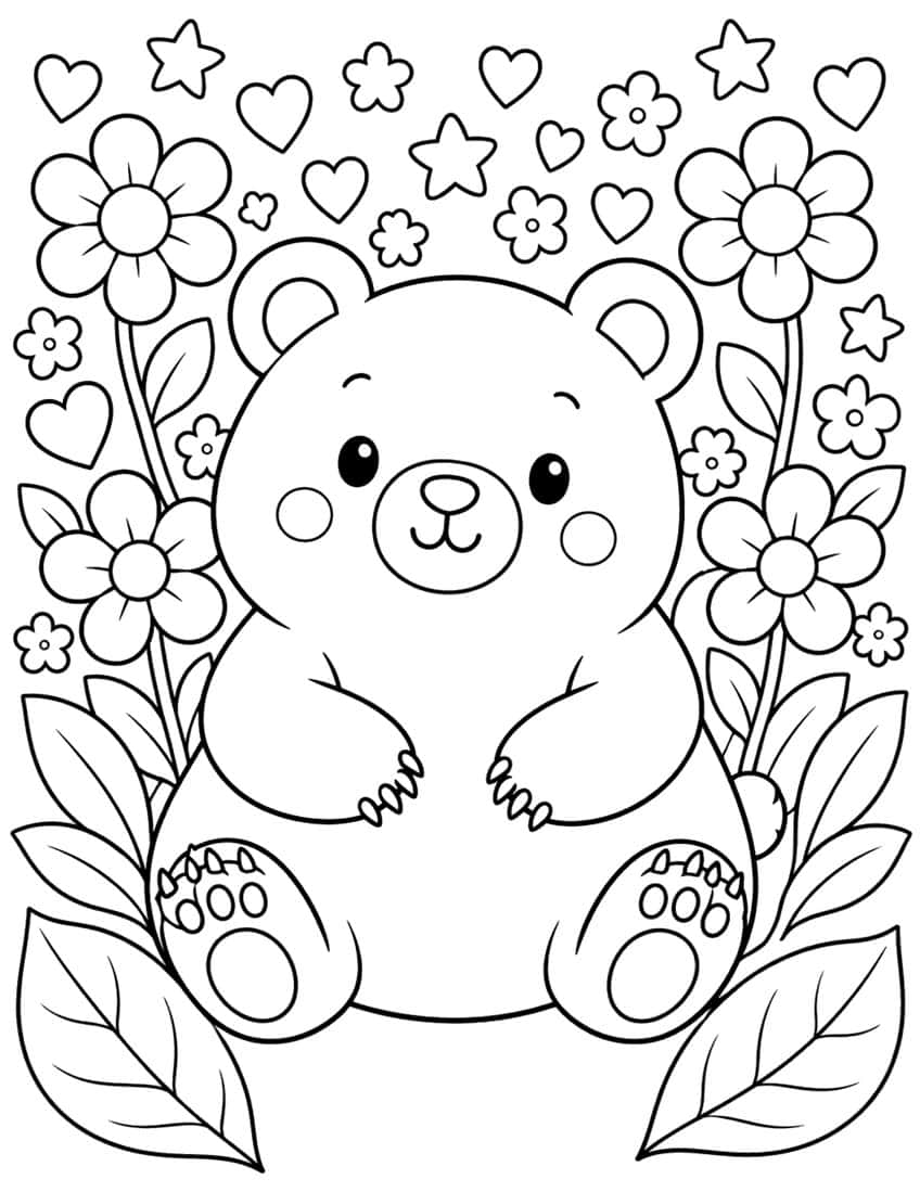 Kawaii bear coloring page with a round bear sitting among flowers, leaves, hearts and stars