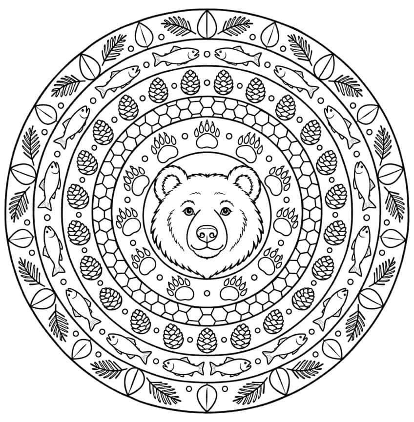 Round bear mandala coloring page with rings of paw prints, honeycomb, pine cones, fish and leaves