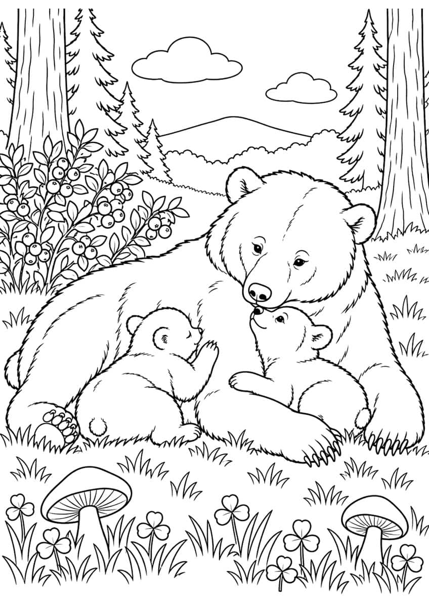 Coloring page of a mother bear lying in a meadow with two cubs, berry bush and mushrooms