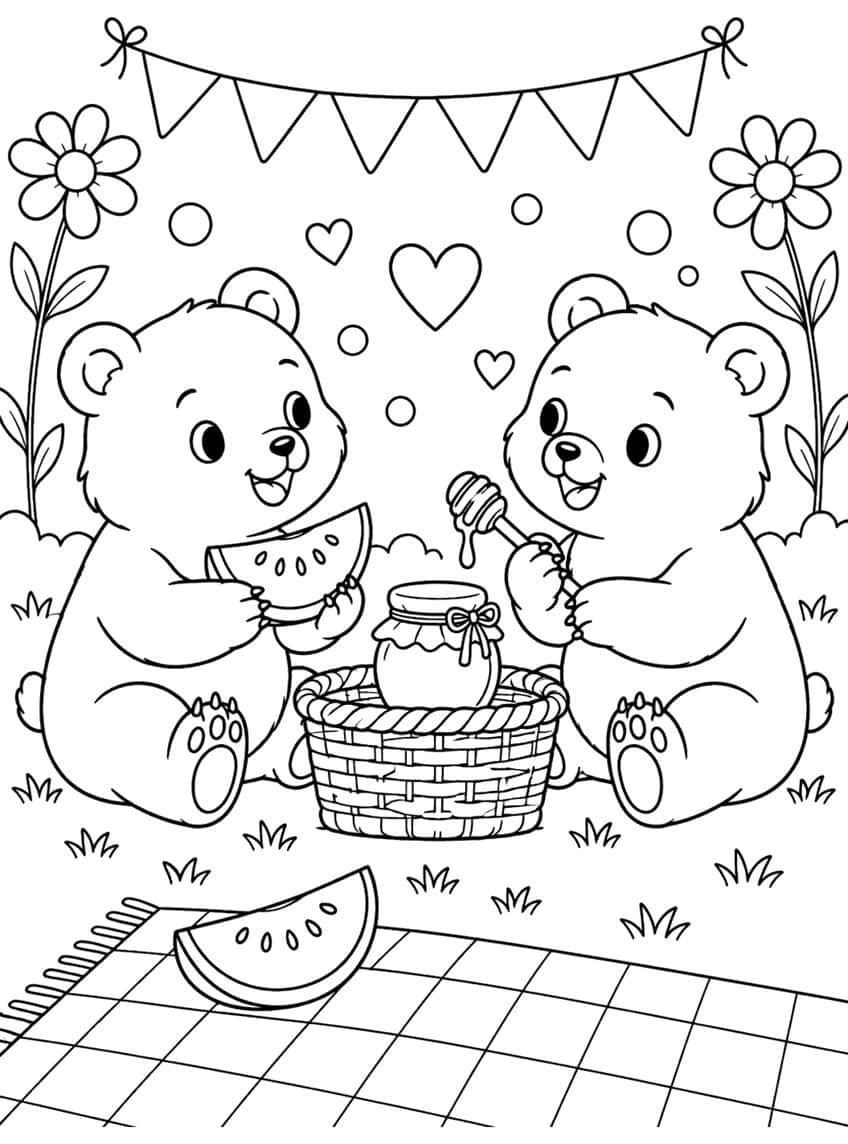 Coloring page of two bear cubs at a picnic with watermelon, a honey jar and a checkered blanket