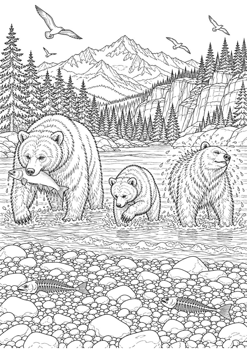 Coloring page of three grizzly bears catching salmon in a river with mountains and pine trees