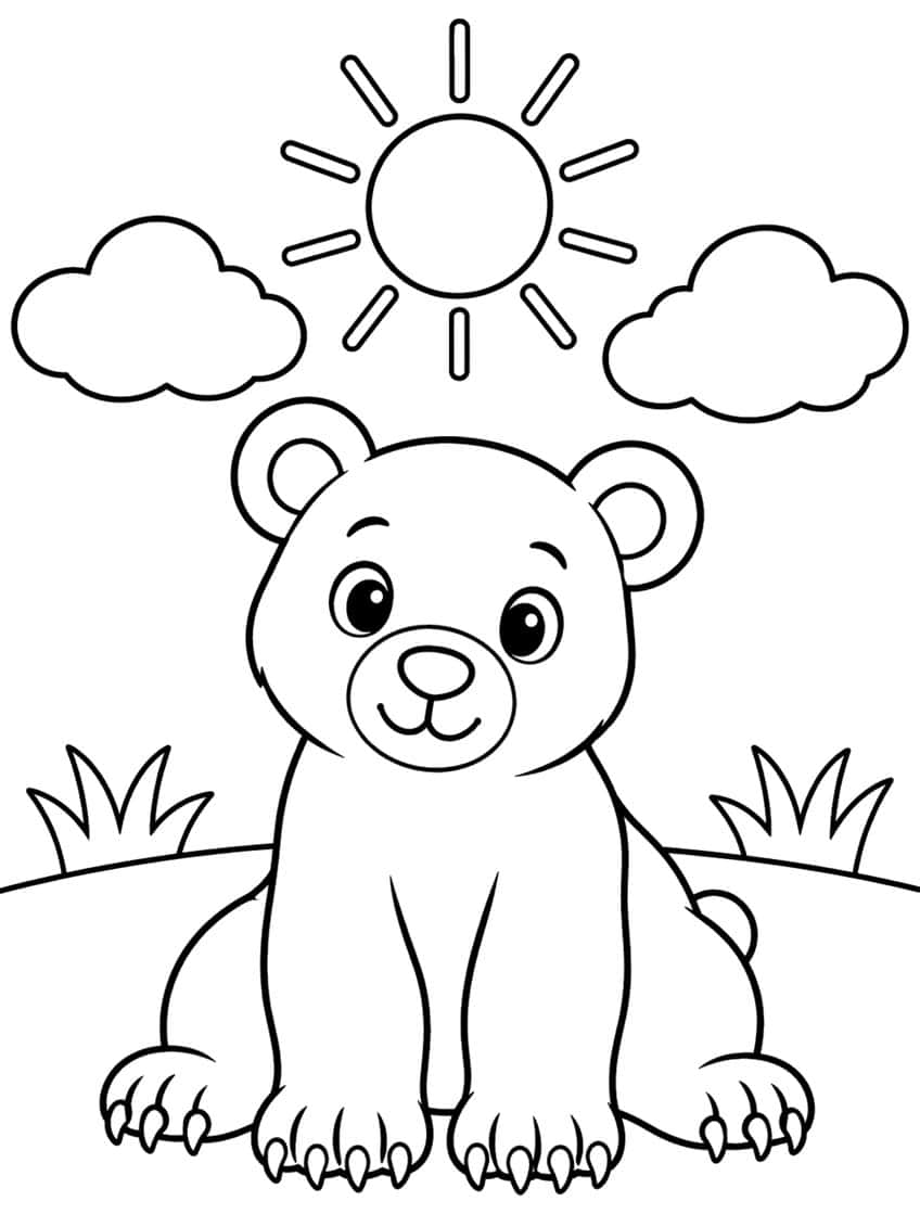 Bear cub coloring page, sitting on a grassy hill under a sun and two clouds
